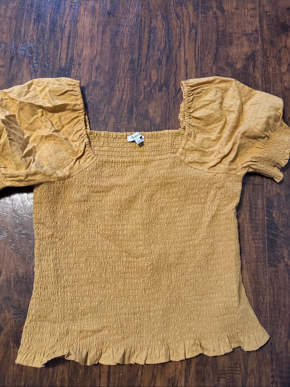 Madewell Mustard Yellow Smocked Puff-Sleeve Top